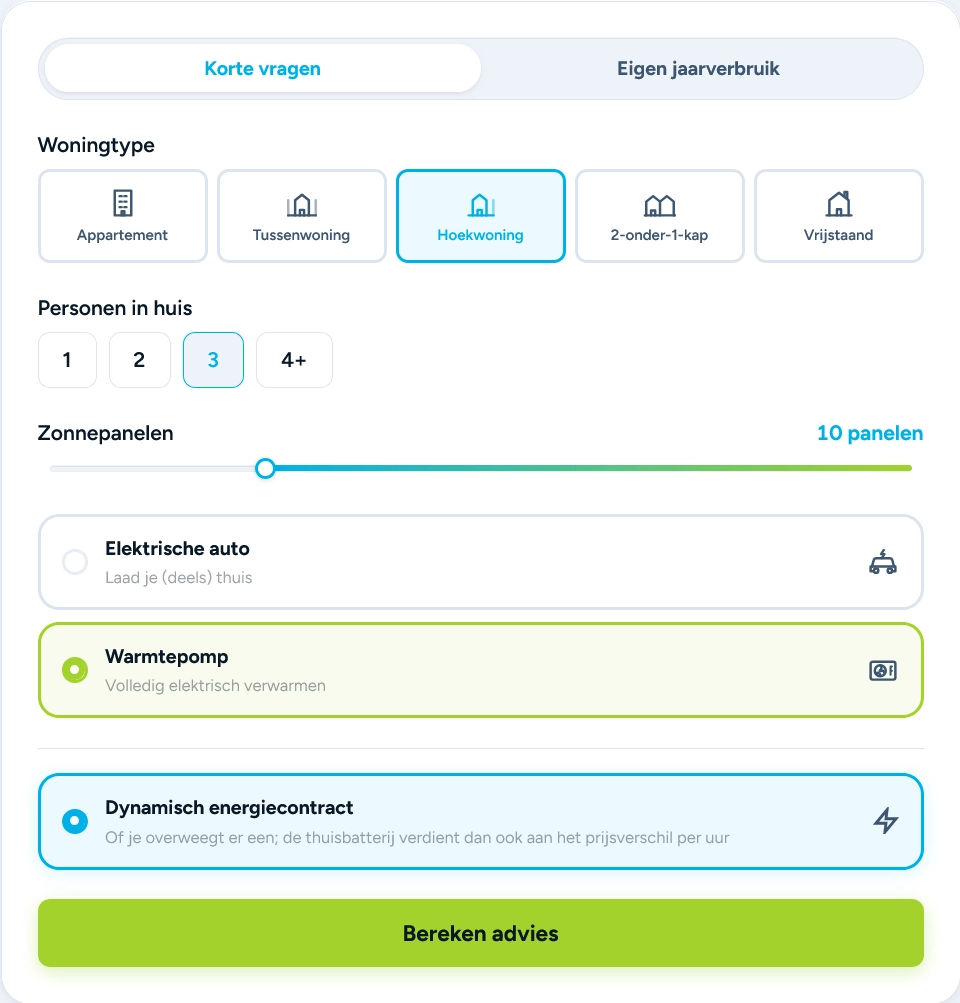 De thuisbatterij grootte calculator: vragen over woningtype, personen, zonnepanelen en verbruik