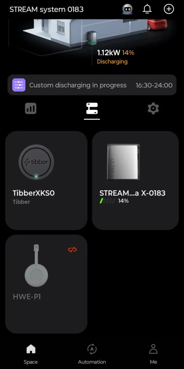 Gekoppelde apparaten: Tibber, de STREAM Ultra X en de HomeWizard P1 (die de verbinding niet vasthield)