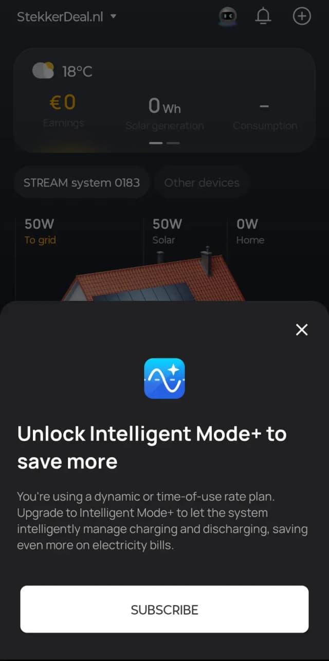 De pop-up die het Intelligent Mode+ abonnement aanbiedt