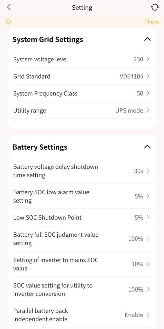 Instellingen: net- en batterijparameters (SOC-grenzen, frequentie)