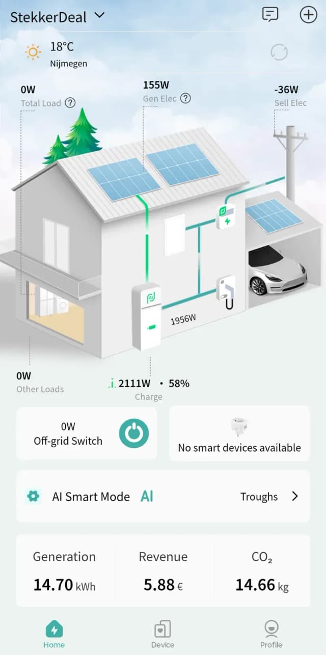 Hoofdscherm: isometrische huisillustratie met live energiestromen (zon, net, batterij, auto)