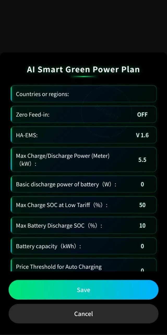 Uitgebreide AI-instellingen: HA-EMS versie, max vermogen, SOC-grenzen en prijsthreshold