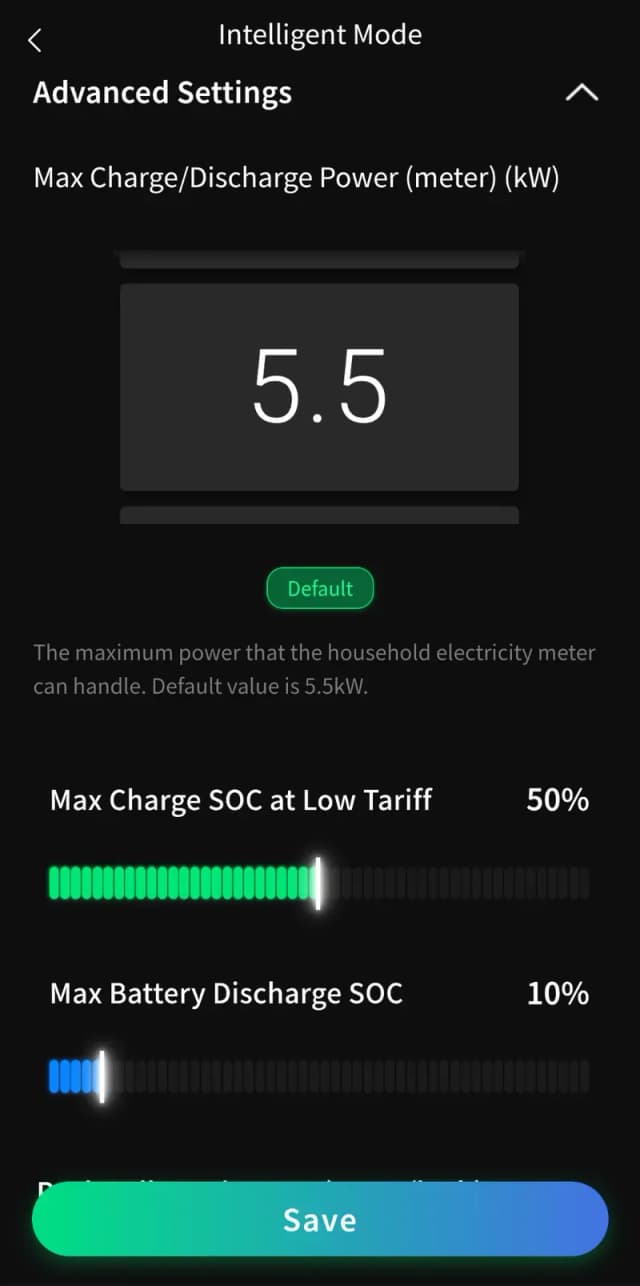 Advanced settings: groot numeriek invoerveld voor max (ont)laadvermogen (5,5kW)
