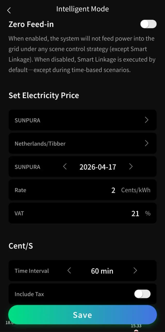 Tarief-configuratie: Tibber-koppeling, BTW 21% en Zero Feed-in toggle