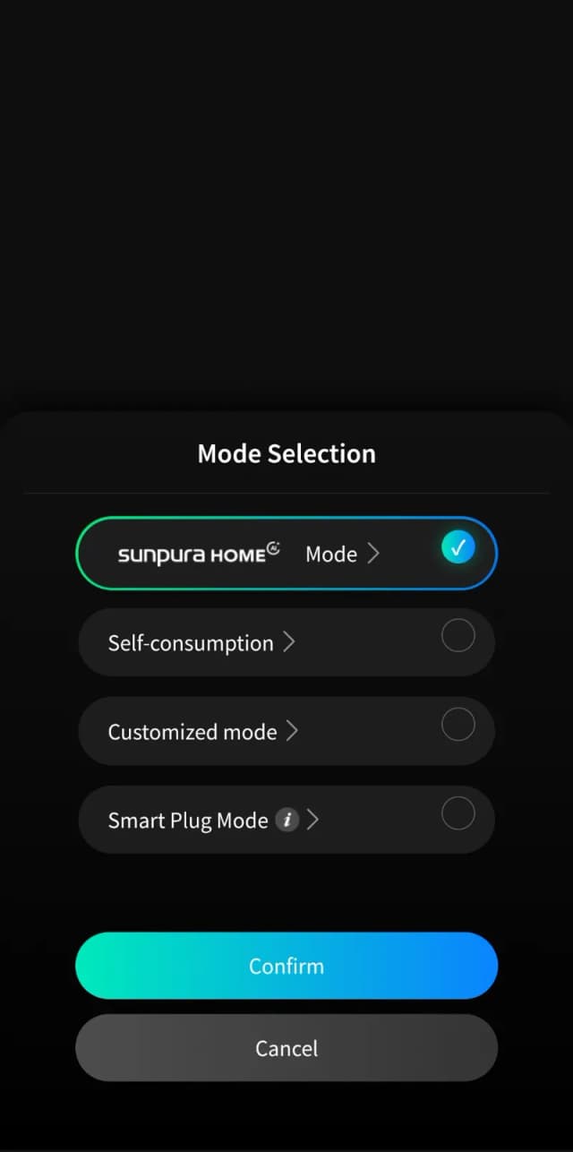 Moduskeuze: Sunpura Home Mode (AI), zelfverbruik, custom en slimme stekker
