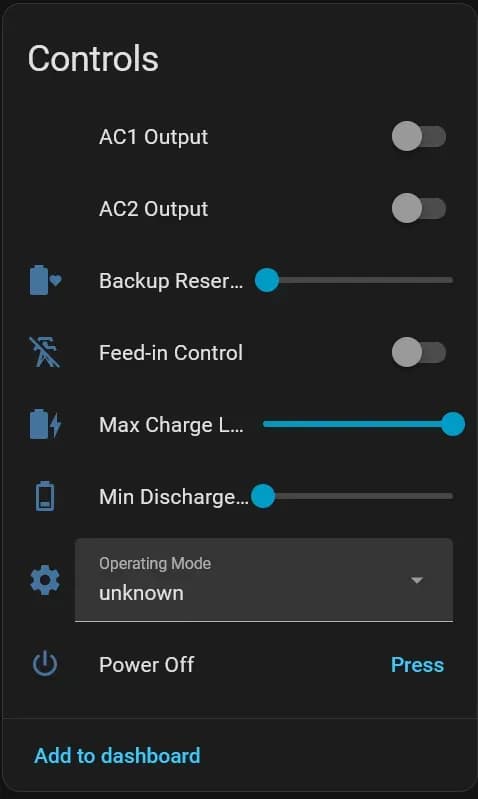 Home Assistant Controls: AC1- en AC2-uitgangen, backup-reserve, feed-in control, max laad- en min ontlaadniveau en bedrijfsmodus