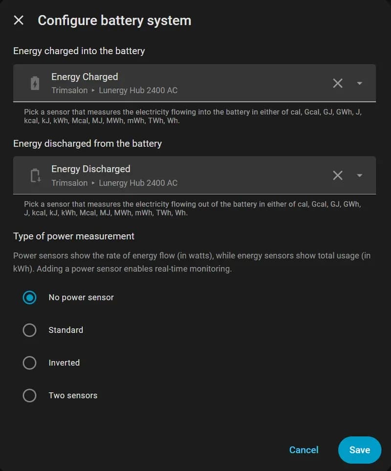 Koppeling met HA Energy Dashboard via de Lunergy Hub 2400 AC energie-sensoren