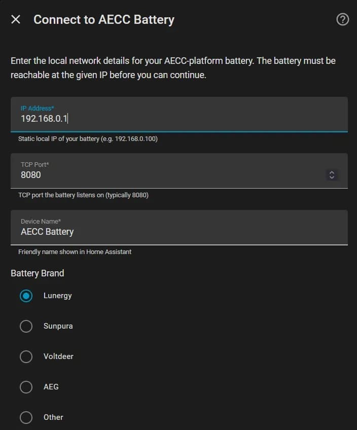 Installatie van aecc-battery-local: IP-adres, TCP-poort en merkinstellingen